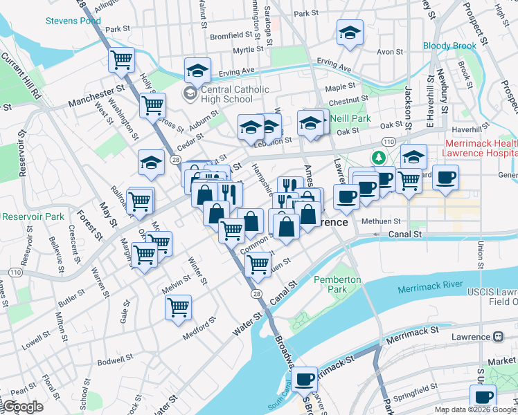 map of restaurants, bars, coffee shops, grocery stores, and more near 195 Lowell Street in Lawrence