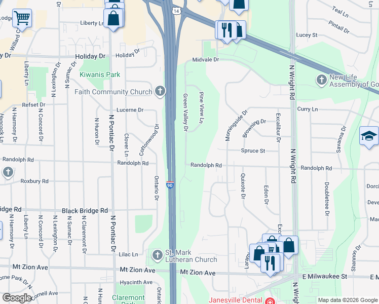 map of restaurants, bars, coffee shops, grocery stores, and more near 2018 Green Valley Drive in Janesville