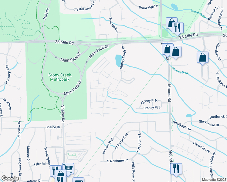 map of restaurants, bars, coffee shops, grocery stores, and more near 5301 Rail View Court in Shelby Township