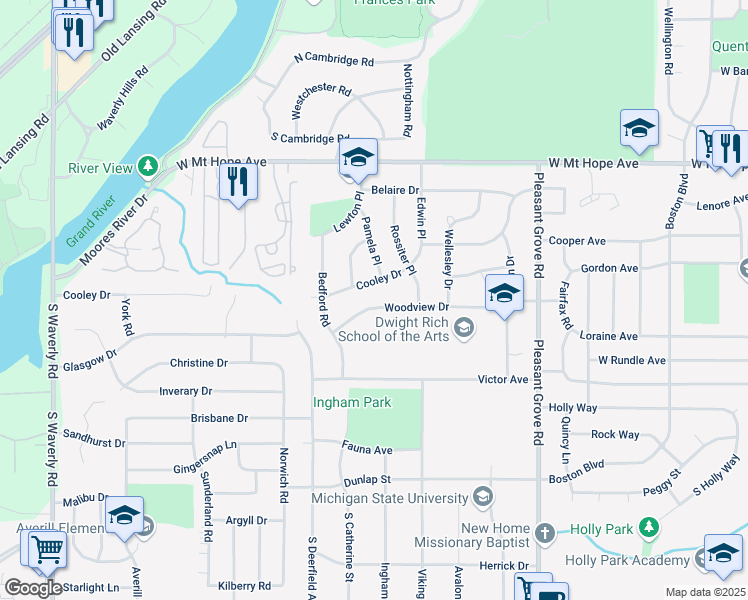 map of restaurants, bars, coffee shops, grocery stores, and more near 2917 Cooley Drive in Lansing