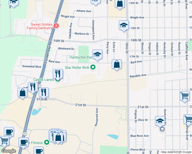 map of restaurants, bars, coffee shops, grocery stores, and more near 1856 Roosevelt Avenue in Racine