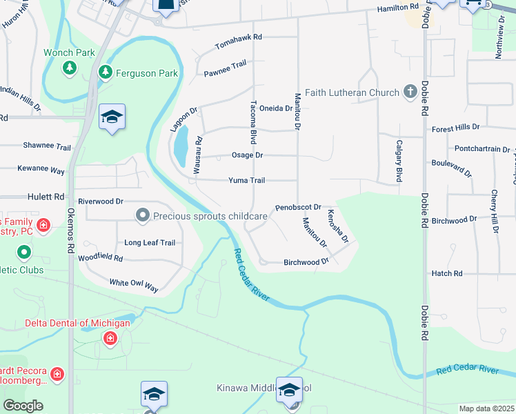 map of restaurants, bars, coffee shops, grocery stores, and more near in Meridian charter Township