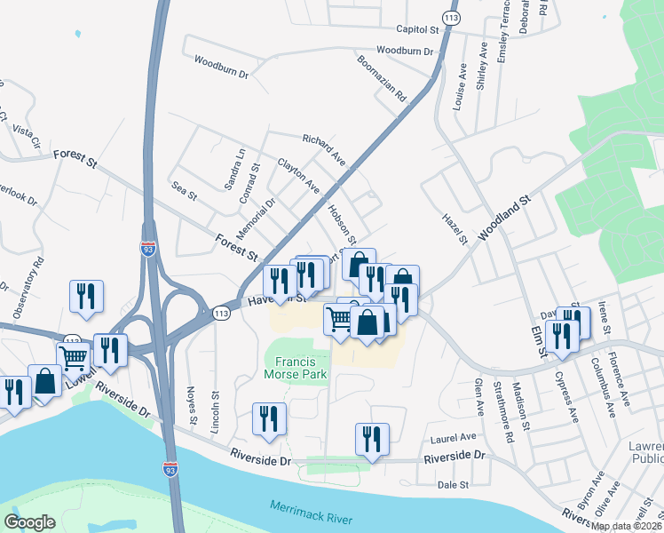 map of restaurants, bars, coffee shops, grocery stores, and more near 44 Newport Street in Methuen