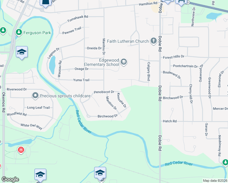 map of restaurants, bars, coffee shops, grocery stores, and more near 1854 Penobscot Drive in Meridian charter Township