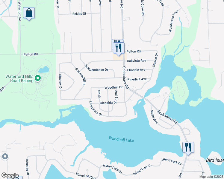 map of restaurants, bars, coffee shops, grocery stores, and more near 4597 Woodhull Drive in Clarkston