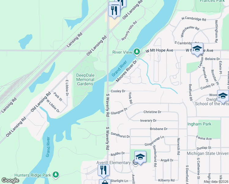 map of restaurants, bars, coffee shops, grocery stores, and more near 3714 Cooley Drive in Lansing