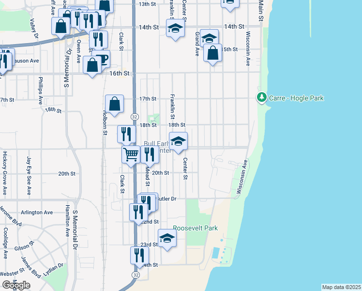 map of restaurants, bars, coffee shops, grocery stores, and more near 1839 Center Street in Racine