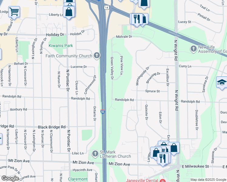 map of restaurants, bars, coffee shops, grocery stores, and more near 2022 Green Valley Drive in Janesville