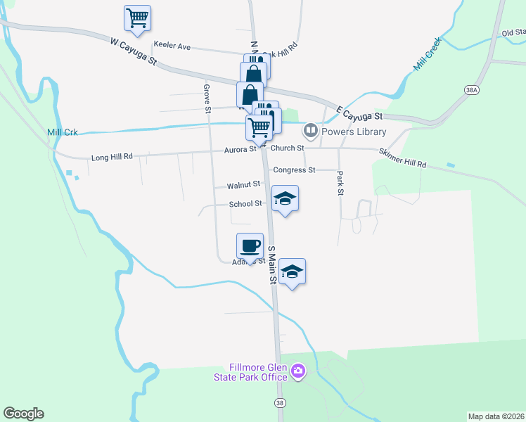 map of restaurants, bars, coffee shops, grocery stores, and more near 36 South Main Street in Moravia