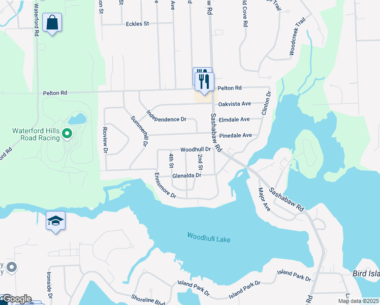 map of restaurants, bars, coffee shops, grocery stores, and more near 4597 Woodhull Drive in Village of Clarkston