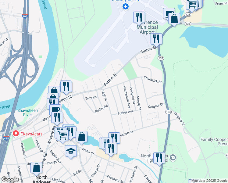 map of restaurants, bars, coffee shops, grocery stores, and more near 65 Brightwood Avenue in North Andover