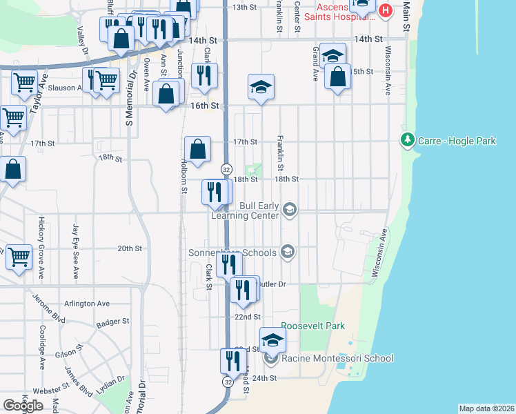 map of restaurants, bars, coffee shops, grocery stores, and more near 1840 Howe Street in Racine