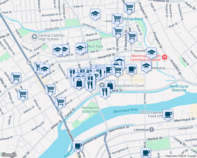 map of restaurants, bars, coffee shops, grocery stores, and more near 285 Essex Street in Lawrence
