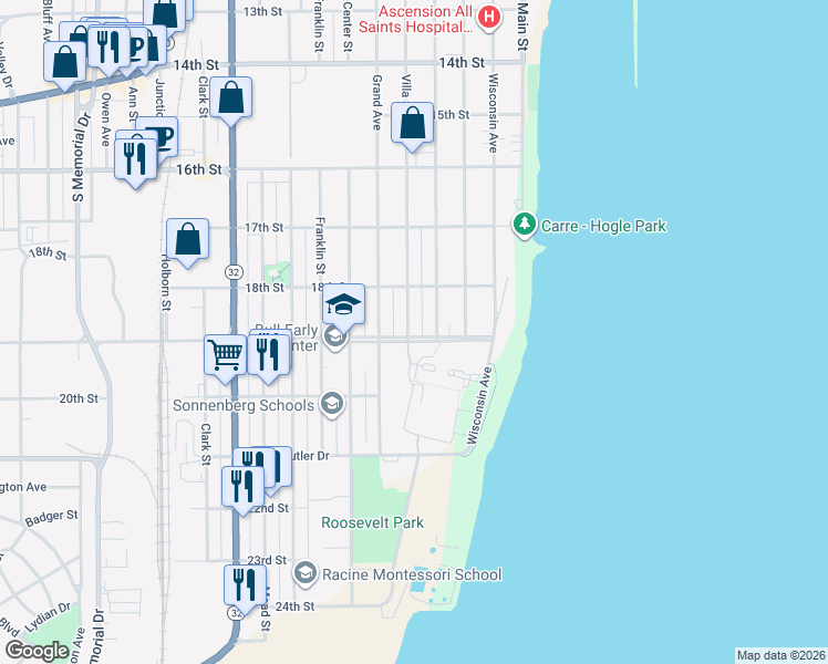 map of restaurants, bars, coffee shops, grocery stores, and more near 1842 Park Avenue in Racine