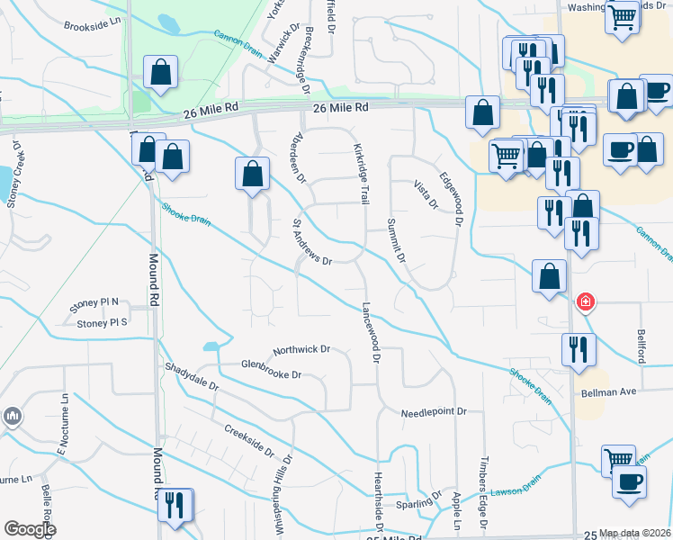 map of restaurants, bars, coffee shops, grocery stores, and more near 6836 Saint Andrews Drive in Macomb County