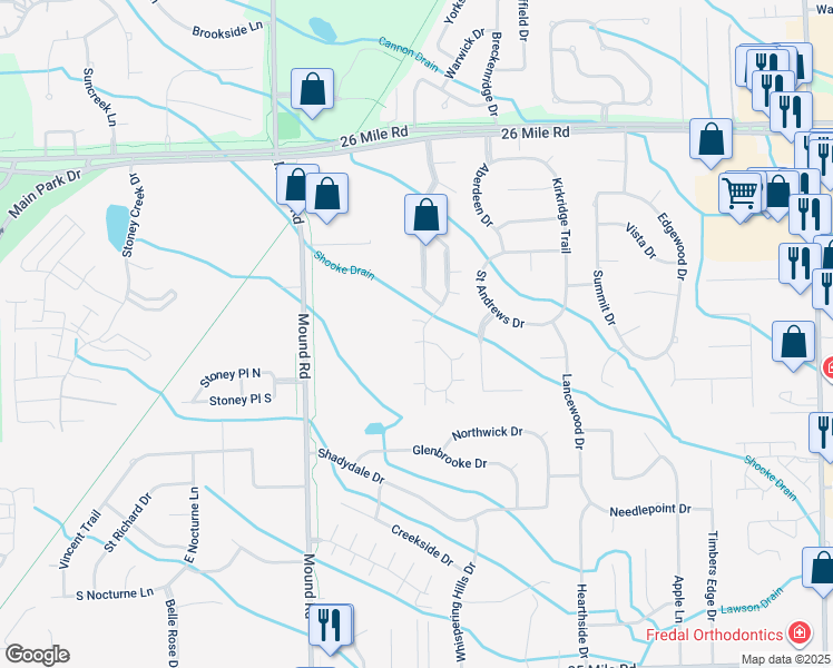 map of restaurants, bars, coffee shops, grocery stores, and more near 24 Chesapeake Trail in Shelby Township