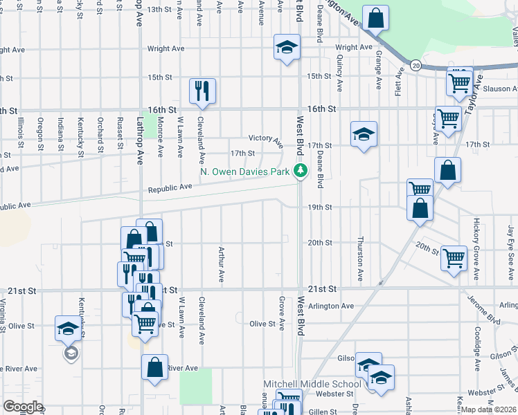 map of restaurants, bars, coffee shops, grocery stores, and more near 3309 19th Street in Racine