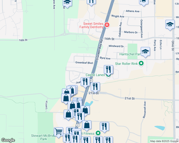 map of restaurants, bars, coffee shops, grocery stores, and more near 1922 South Green Bay Road in Mount Pleasant