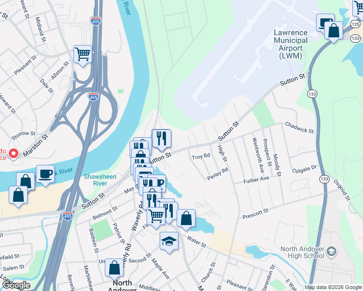map of restaurants, bars, coffee shops, grocery stores, and more near 252 Sutton Street in North Andover