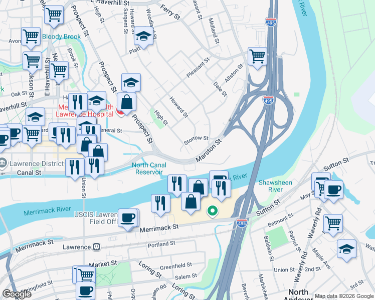 map of restaurants, bars, coffee shops, grocery stores, and more near 13 High Street in Lawrence