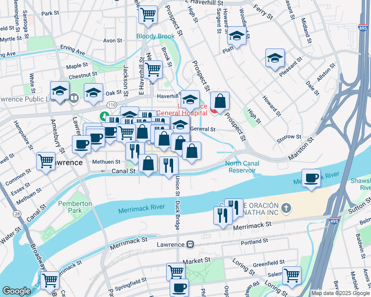 map of restaurants, bars, coffee shops, grocery stores, and more near 15R Union Street in Lawrence