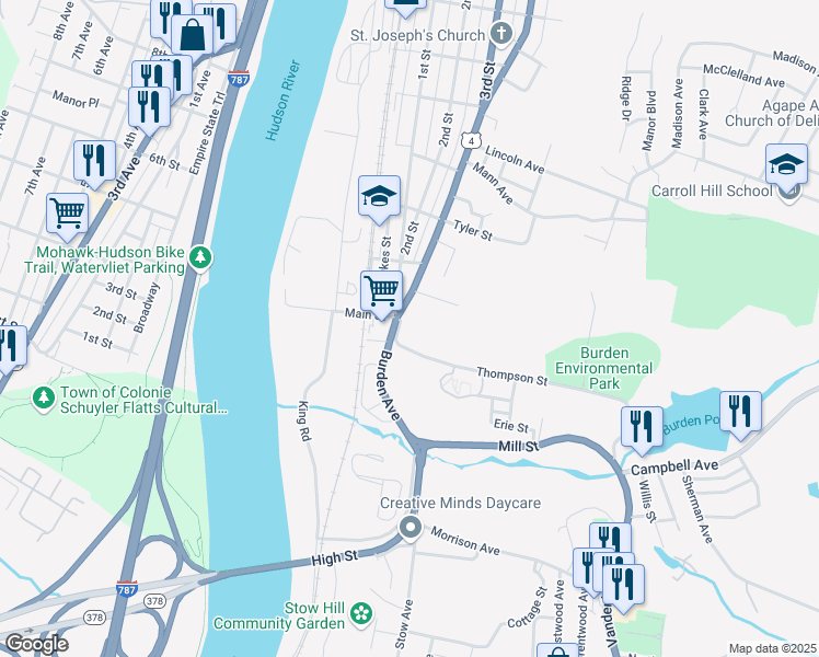 map of restaurants, bars, coffee shops, grocery stores, and more near 1 Winslow Avenue in Troy