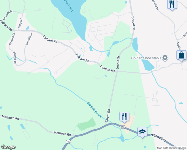 map of restaurants, bars, coffee shops, grocery stores, and more near 3 Rocky Road in Dracut