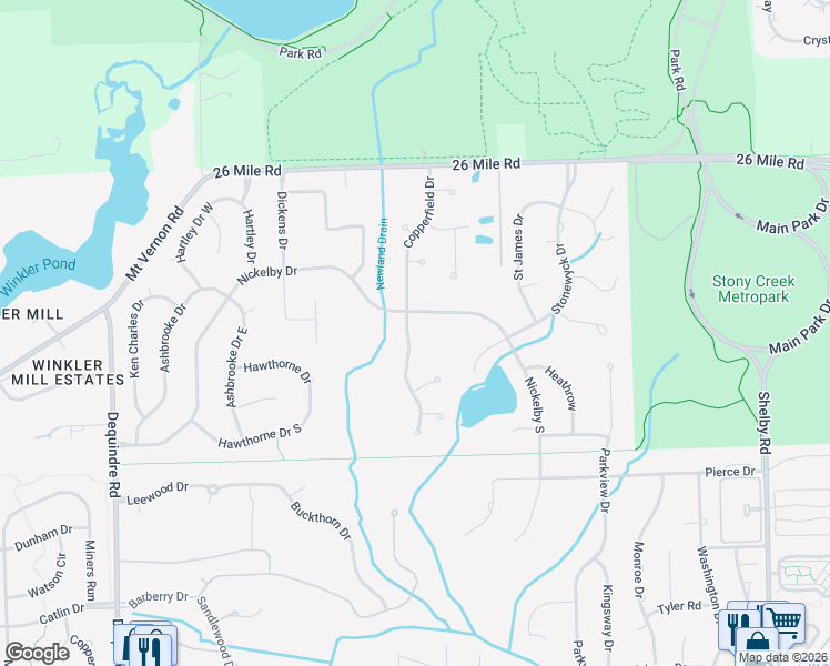 map of restaurants, bars, coffee shops, grocery stores, and more near 56572 Copperfield Drive in Macomb County