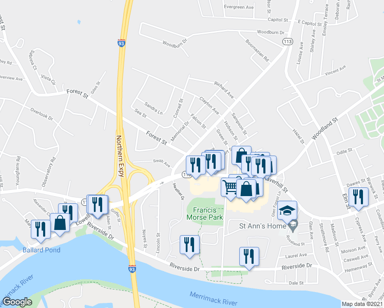 map of restaurants, bars, coffee shops, grocery stores, and more near 15 Forest Street in Methuen