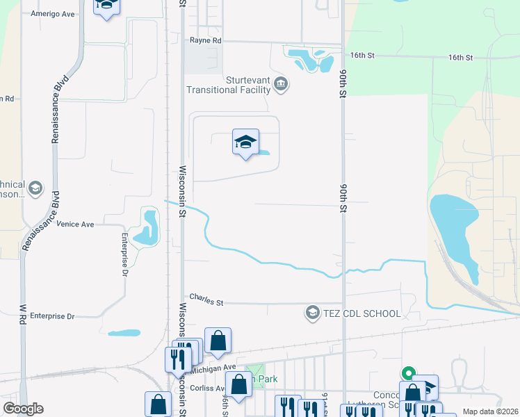 map of restaurants, bars, coffee shops, grocery stores, and more near 9357 Florence Drive in Sturtevant