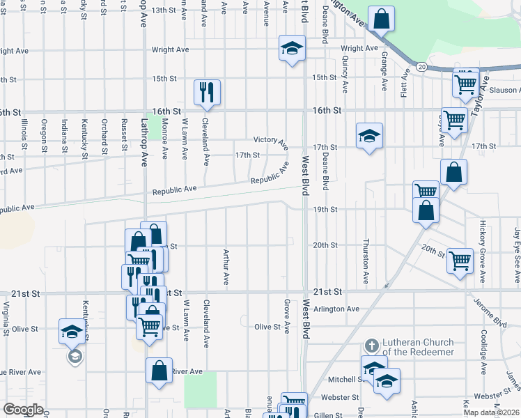 map of restaurants, bars, coffee shops, grocery stores, and more near 3309 19th Street in Racine