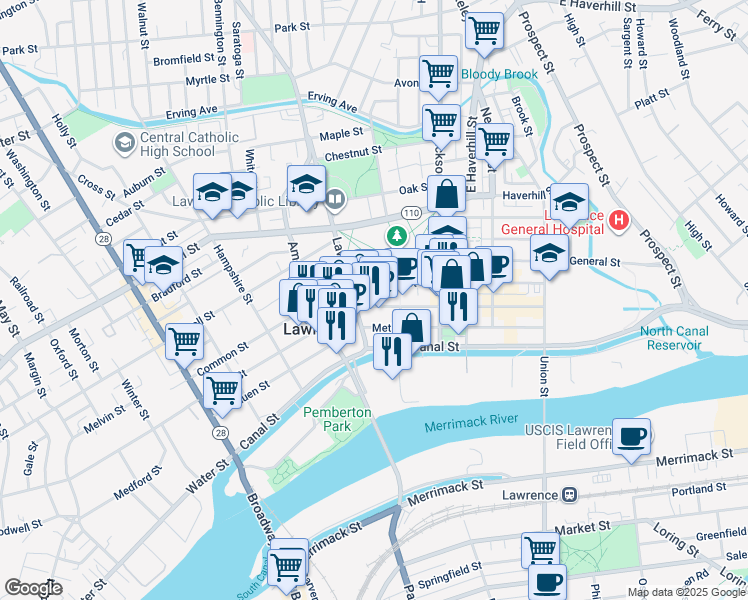 map of restaurants, bars, coffee shops, grocery stores, and more near 237 Essex Street in Lawrence