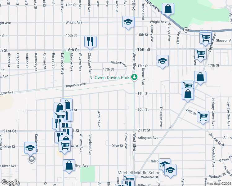 map of restaurants, bars, coffee shops, grocery stores, and more near 3309 19th Street in Racine