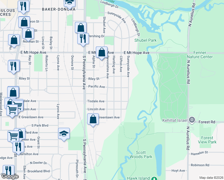 map of restaurants, bars, coffee shops, grocery stores, and more near 2304 Harding Avenue in Lansing