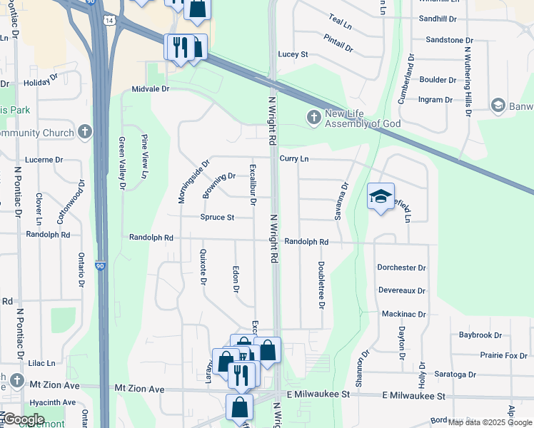 map of restaurants, bars, coffee shops, grocery stores, and more near 2105 North Wright Road in Janesville