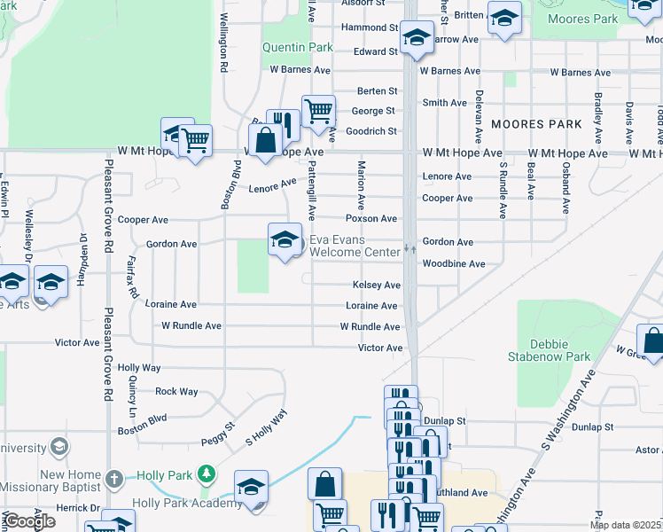 map of restaurants, bars, coffee shops, grocery stores, and more near 1407 Woodbine Avenue in Lansing