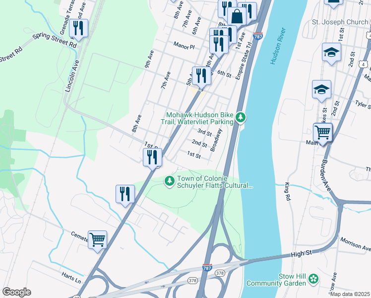 map of restaurants, bars, coffee shops, grocery stores, and more near 127 1st Street in Watervliet