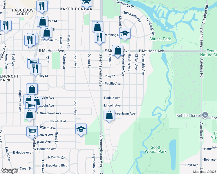 map of restaurants, bars, coffee shops, grocery stores, and more near 2310 Alpha Street in Lansing