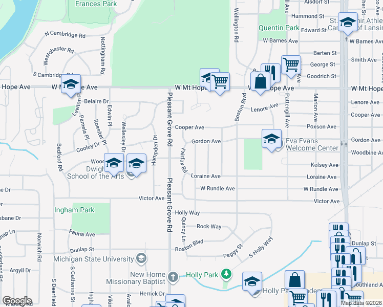 map of restaurants, bars, coffee shops, grocery stores, and more near 2408 Chatham Road in Lansing