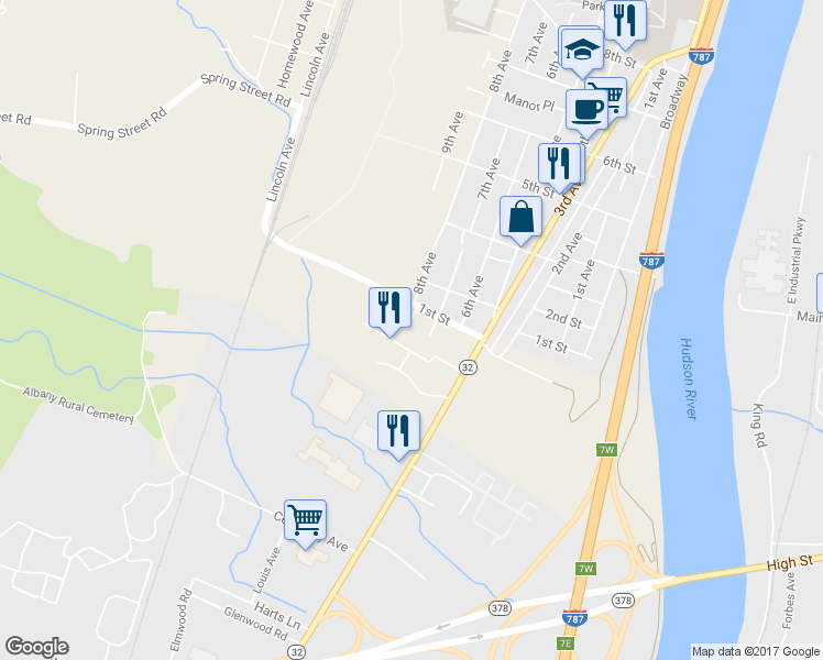 map of restaurants, bars, coffee shops, grocery stores, and more near 8 8th Avenue in Watervliet