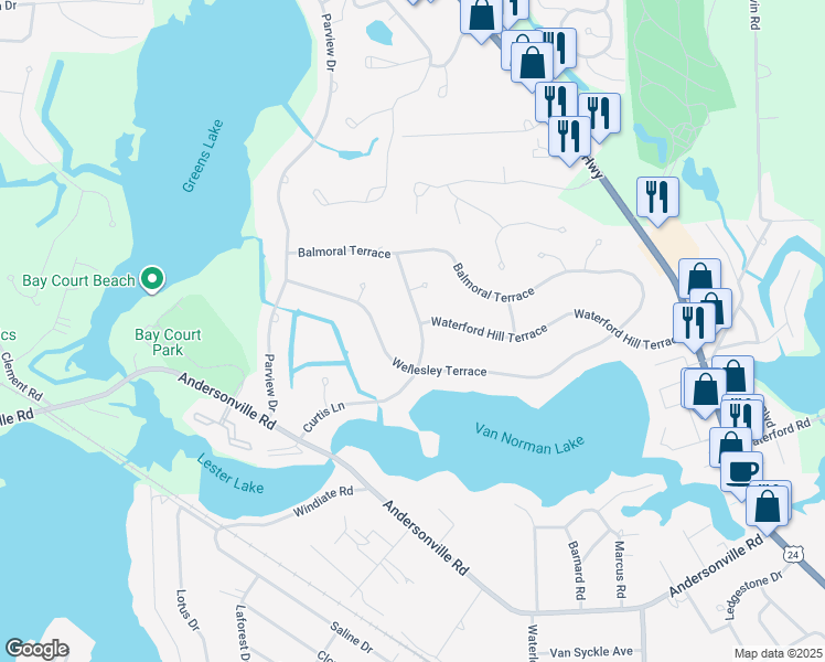 map of restaurants, bars, coffee shops, grocery stores, and more near 4871 Curtis Lane in Clarkston