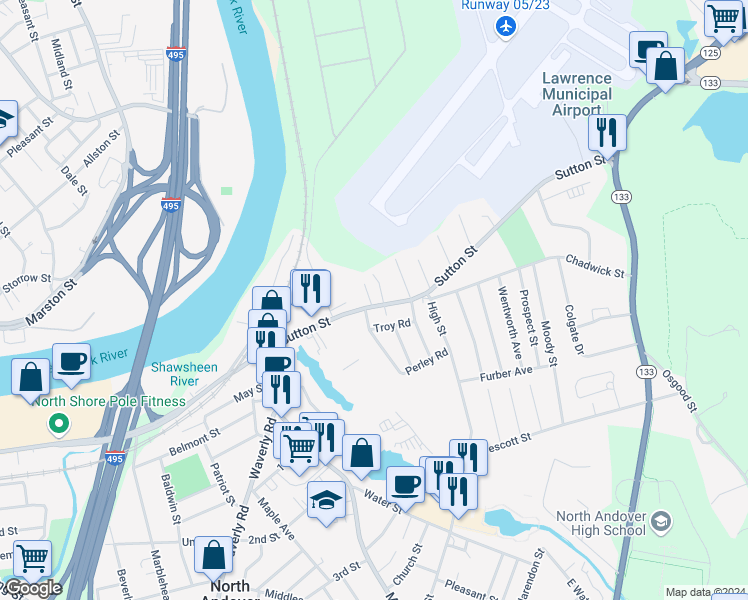map of restaurants, bars, coffee shops, grocery stores, and more near 272 Sutton Street in North Andover