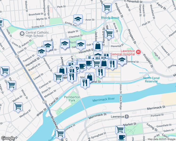 map of restaurants, bars, coffee shops, grocery stores, and more near 237 Essex Street in Lawrence