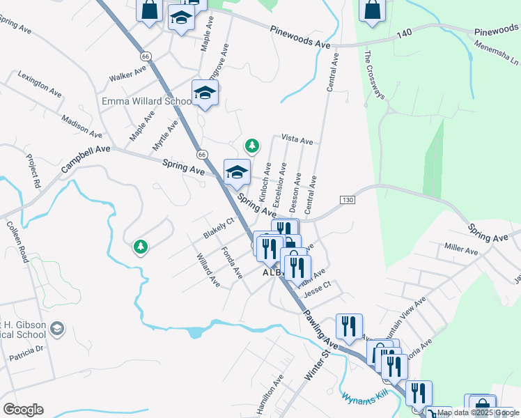 map of restaurants, bars, coffee shops, grocery stores, and more near Spring Avenue & Kinloch Avenue in Troy