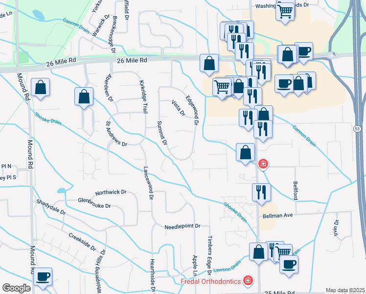 map of restaurants, bars, coffee shops, grocery stores, and more near 7304 Arborvitae Court in Macomb County