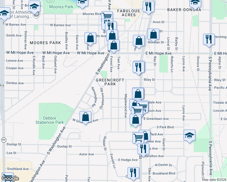 map of restaurants, bars, coffee shops, grocery stores, and more near 2305 Forest Ave in Lansing