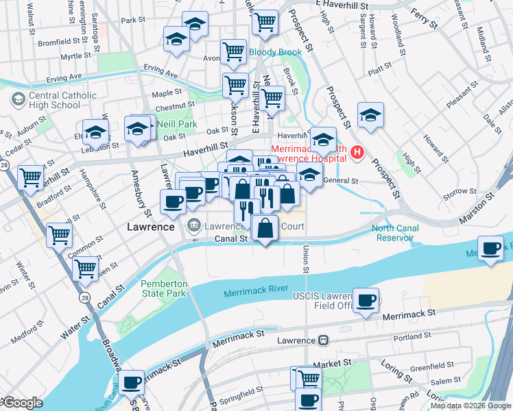 map of restaurants, bars, coffee shops, grocery stores, and more near 143 Essex Street in Lawrence