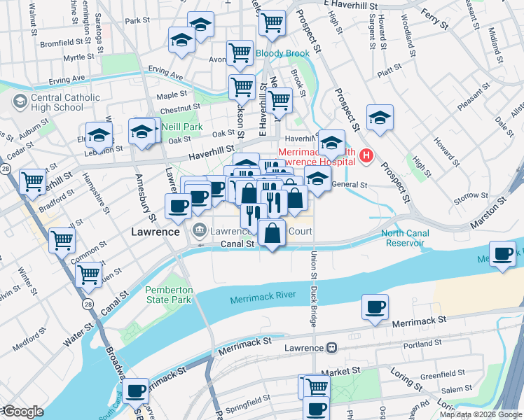map of restaurants, bars, coffee shops, grocery stores, and more near 143 Essex Street in Lawrence