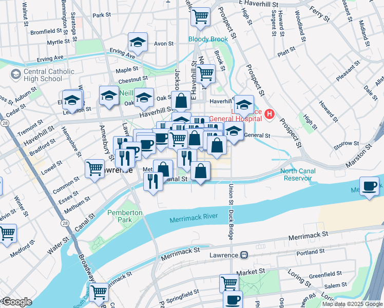 map of restaurants, bars, coffee shops, grocery stores, and more near 143 Essex Street in Lawrence