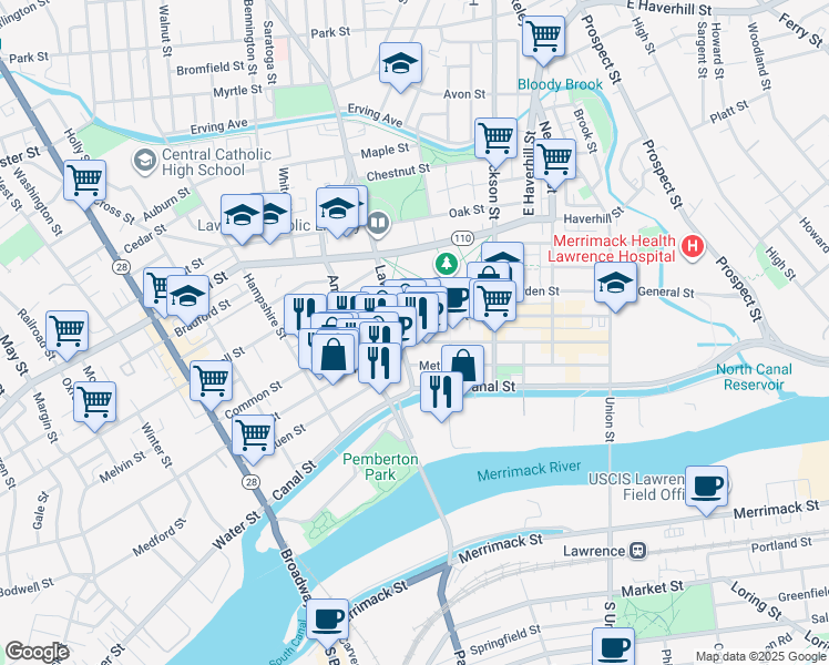 map of restaurants, bars, coffee shops, grocery stores, and more near in Lawrence